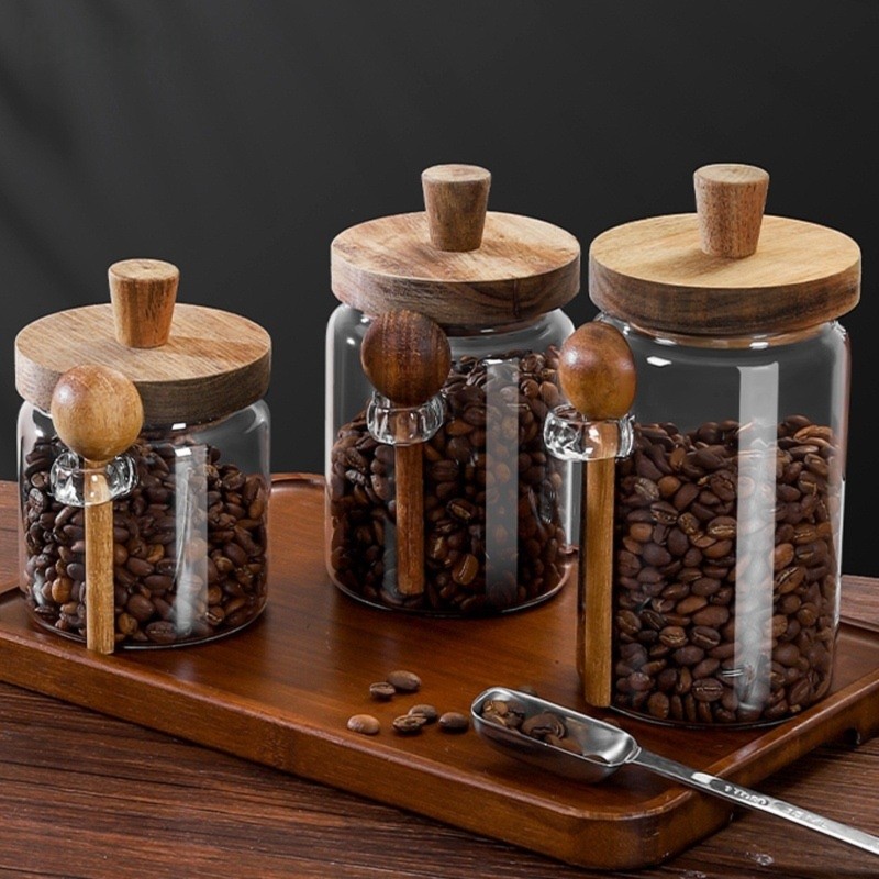 Coffee Tea Sugar Container Set - ABJI-Glass Jar With Wooden Lids And